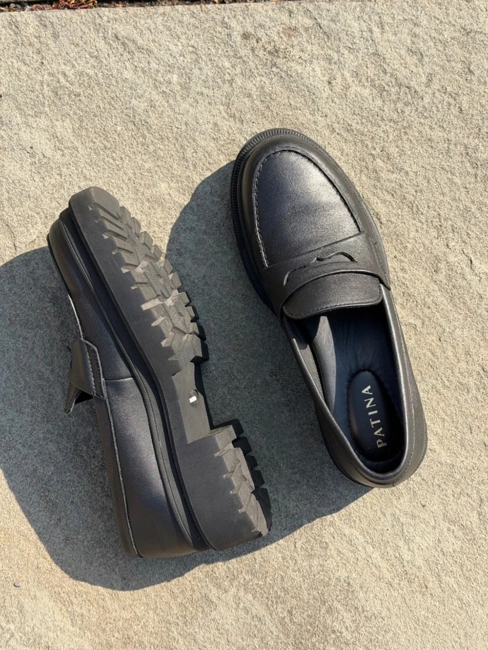 Leather penny loafers with lug soles (Patina, Size 9, EU 40)